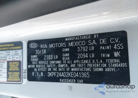 2019 Kia Forte Lxs из США, поврежденный, VIN 3KPF24AD2KE041365